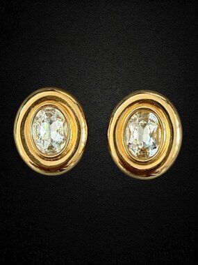 Vintage Givenchy Crystal Gold Tone Button Clip Earrings Designer Paris New York